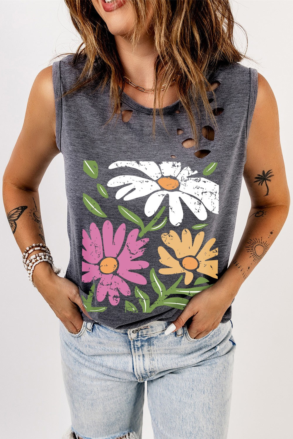 Distressed Graphic Round Neck Tank - T - 1 COLOR -