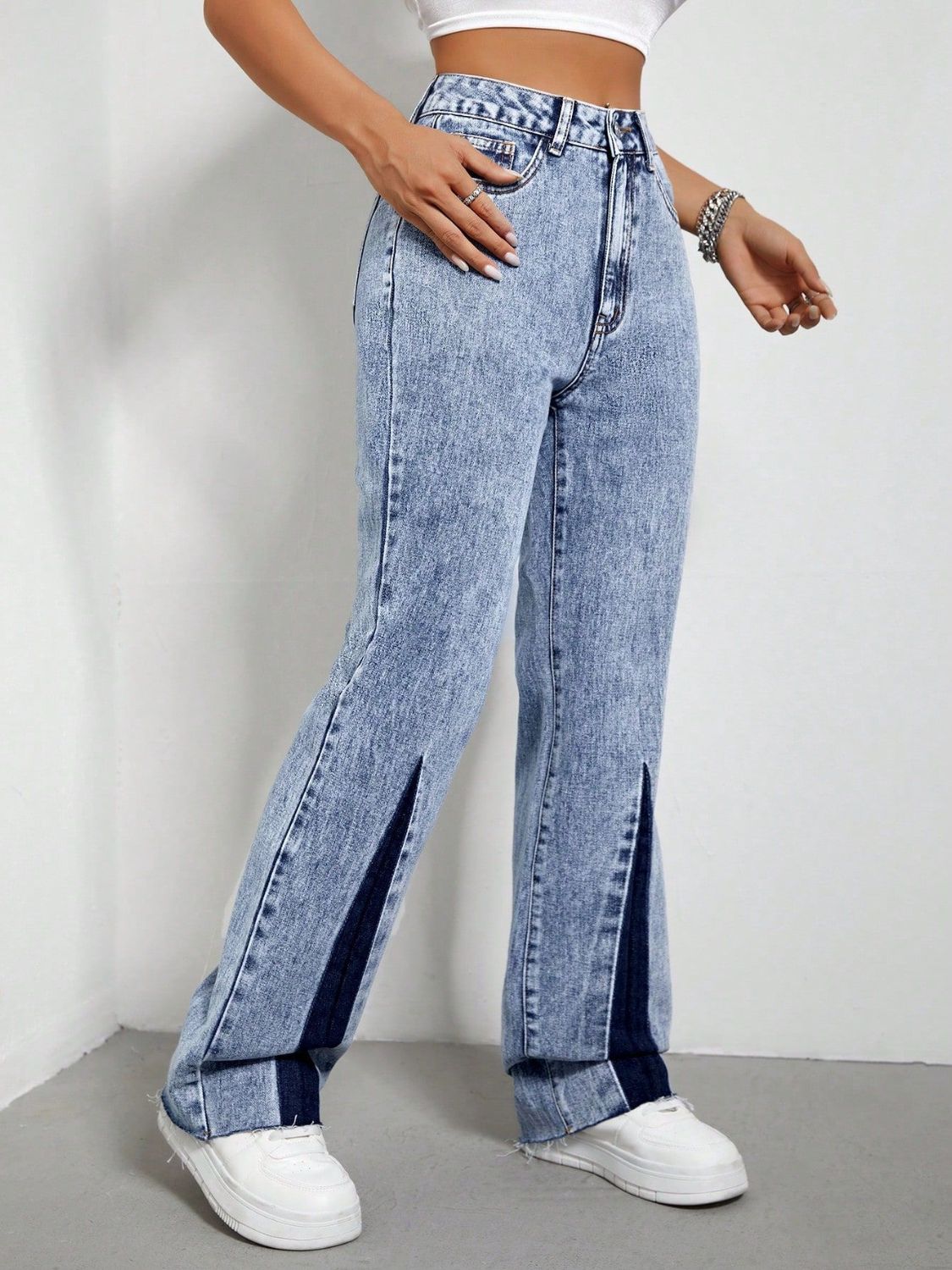 Contrast Bootcut Jeans with Pockets - T - 1 COLOR -