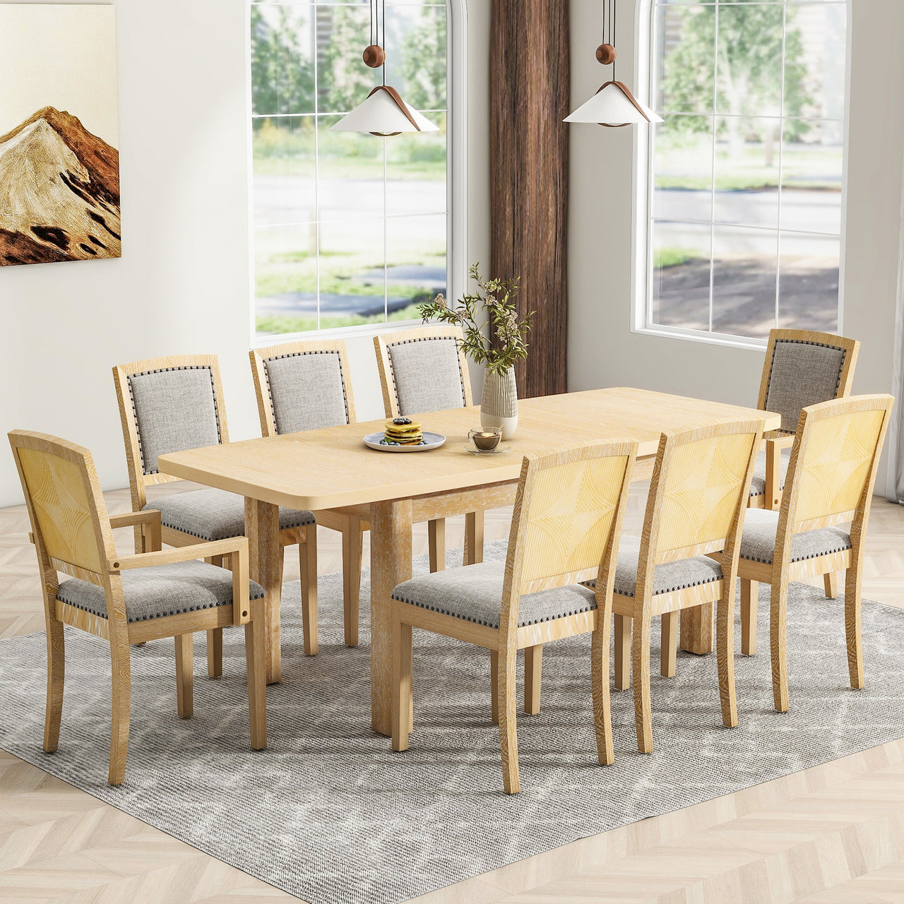 Rustic Extendable 84inch Dining Table Set With 24inch Removable Leaf , 6 Upholstered Armless Dining Chairs and 2 Padded