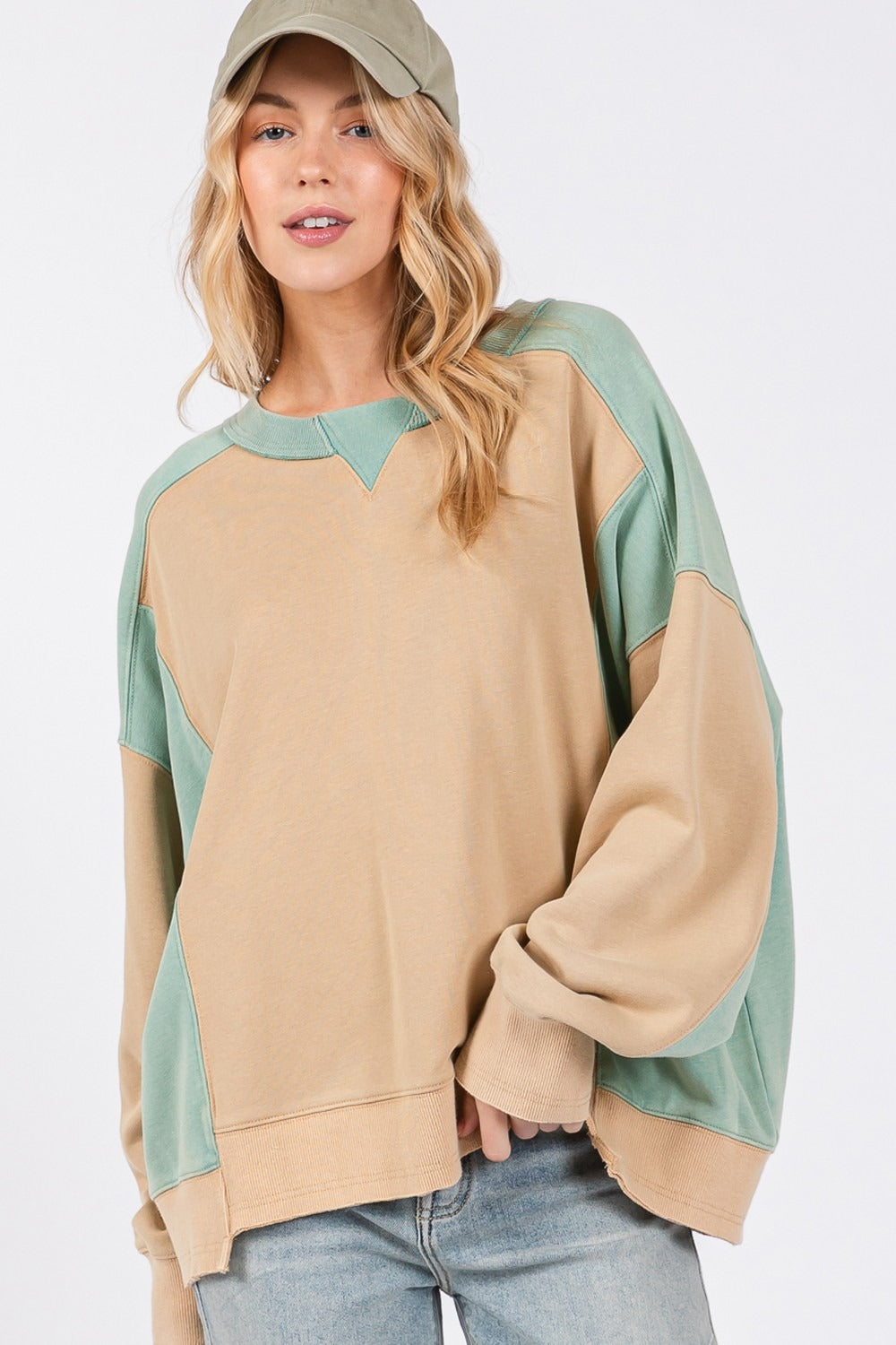 SAGE + FIG Color Block Round Neck Sweatshirt - T - 1 COLOR -