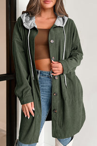 Thumbnail for Drawstring Button Up Long Sleeve Hooded Jacket - T - 2 COLORS -