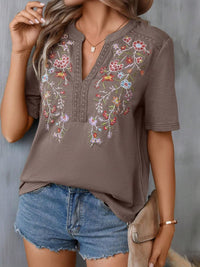 Thumbnail for Embroidered Notched Short Sleeve T-Shirt - T - 5 COLORS -