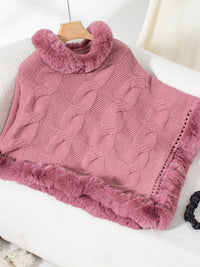 Thumbnail for Fuzzy Hem Cable-Knit Poncho - 1 SIZE - T - 6 COLORS -