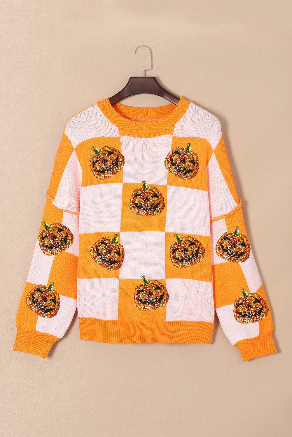 Pumpkin Checkered Round Neck Long Sleeve Sweater - T - 1 COLOR -