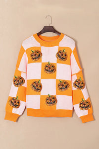 Thumbnail for Pumpkin Checkered Round Neck Long Sleeve Sweater - T - 1 COLOR -