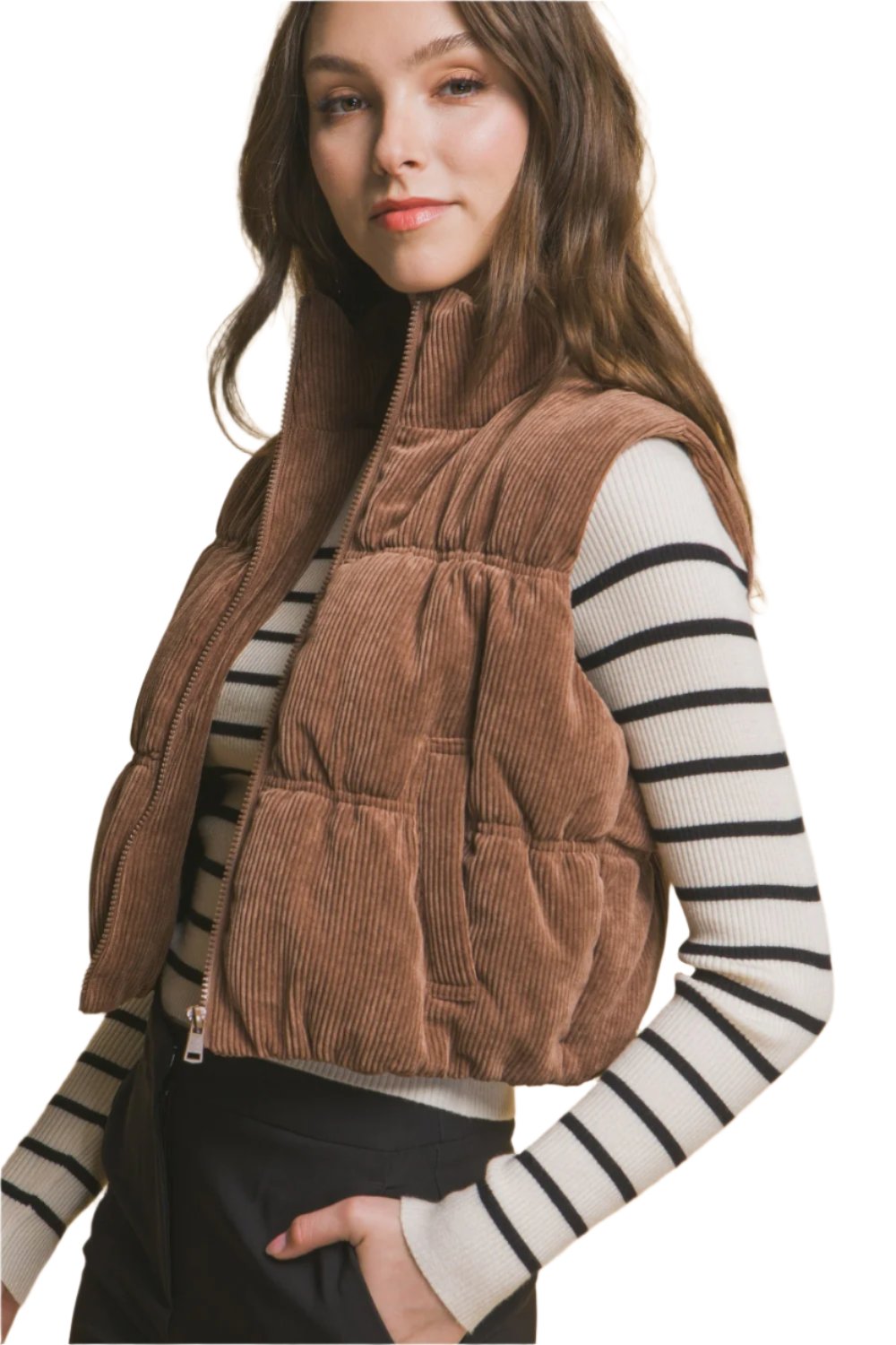 Love Tree Corduroy Zip Up Puffer Vest with Pockets - T - 1 COLOR -