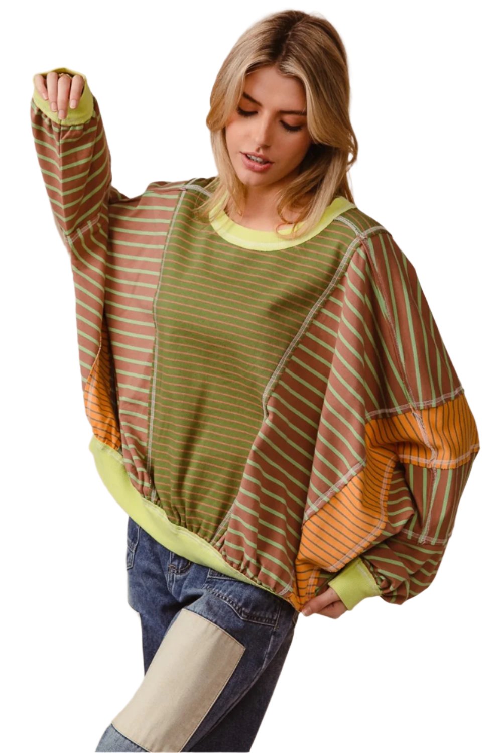 BiBi Color Block Striped Round Neck Sweatshirt - T - 1 COLOR -