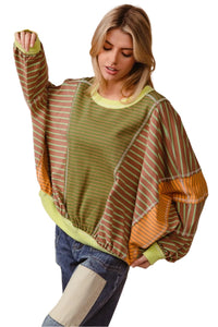 Thumbnail for BiBi Color Block Striped Round Neck Sweatshirt - T - 1 COLOR -