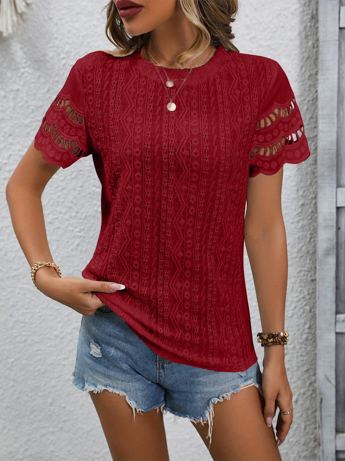 Full Size Eyelet Round Neck Short Sleeve Top - T - 11 COLORS -