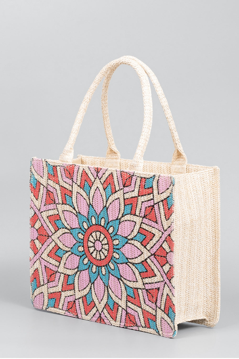 Flower Straw Weave Tote Bag - T - 2 COLORS -