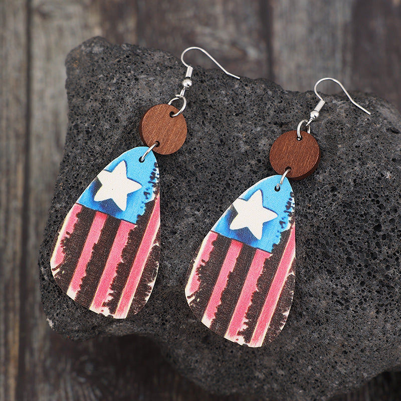 US Star & Stripes Wooden Dangle Earrings - T -