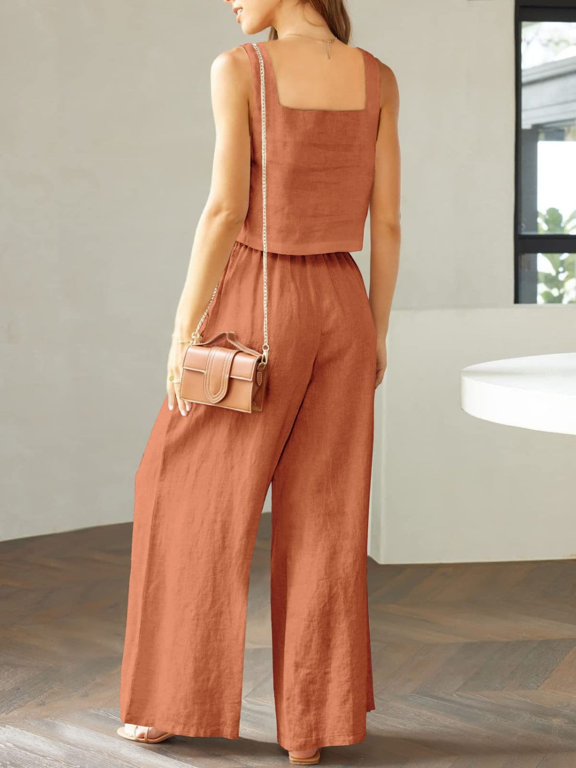 Square Neck Top and Wide Leg Pants set - 2 PCS. - T - 8 COLORS -