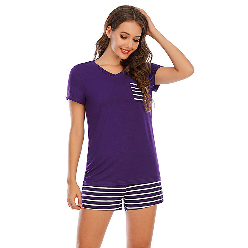 Striped Short Sleeve Top and Shorts Lounge set - 2 PCS. - T - 7 COLORS -