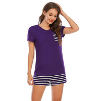 Thumbnail for Striped Short Sleeve Top and Shorts Lounge set - 2 PCS. - T - 7 COLORS -