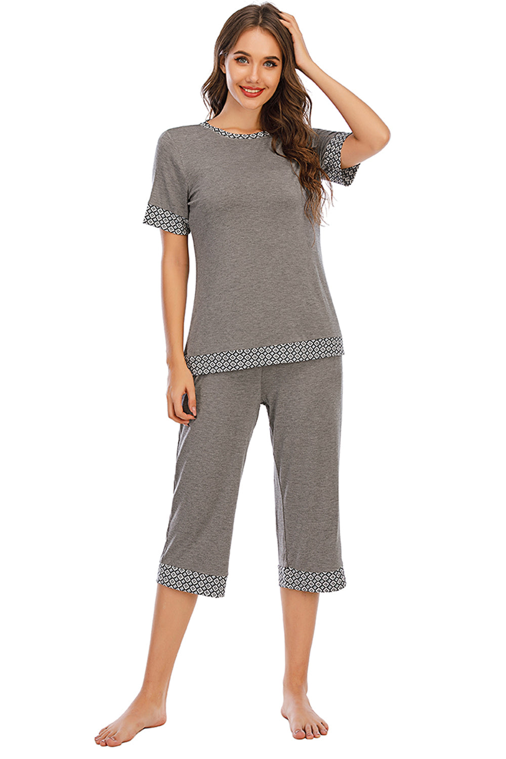 Round Neck Short Sleeve Top and Capris Pants Lounge Set - 2 PCS. - T - 3 COLORS -