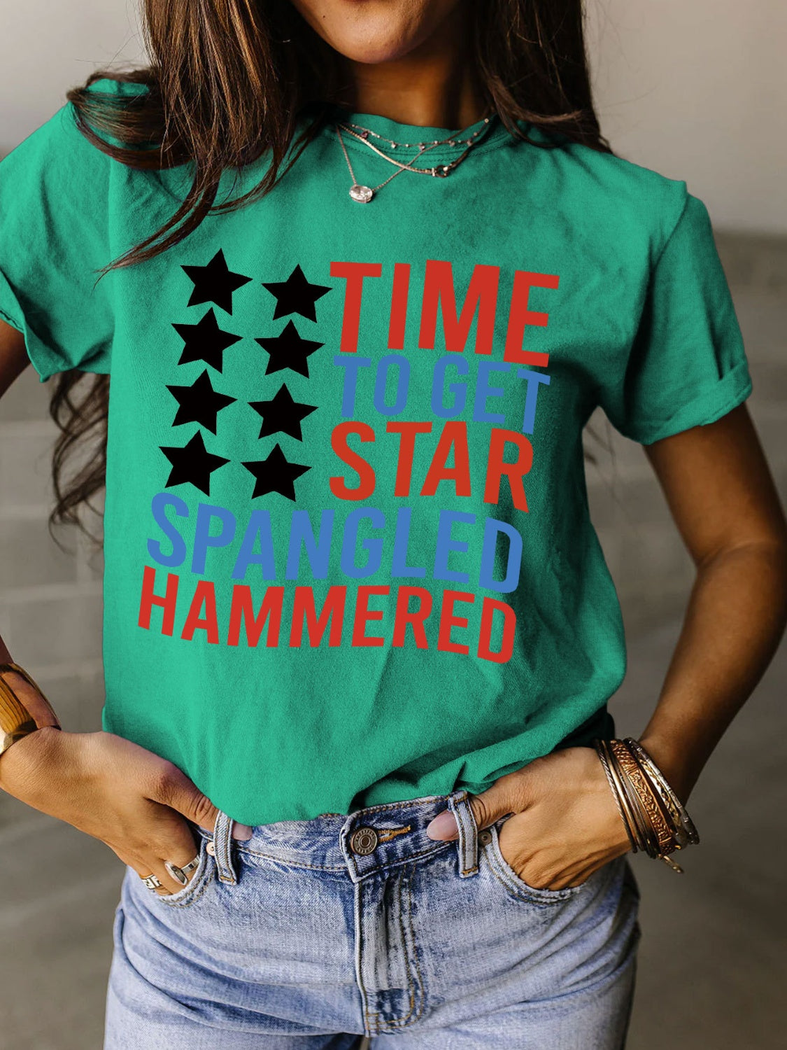 Full Size - 'Time to get Star Spangle Hammered' Letter Graphic Round Neck Short Sleeve T-Shirt - T - 12 COLORS -