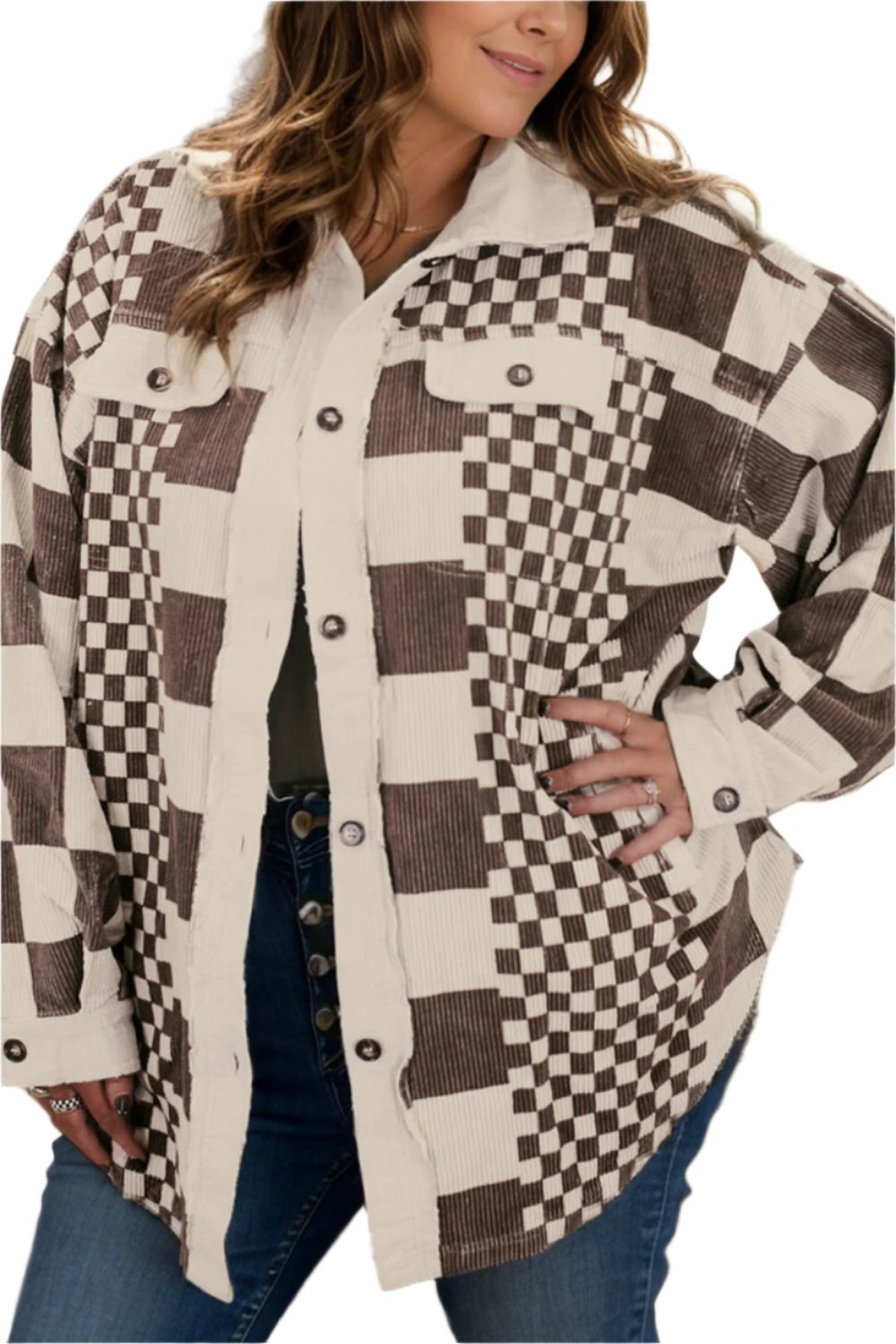 Plus Size Checkered Button Up Long Sleeve Jacket - XL THRU 4XL ONLY - T - 1 COLOR -