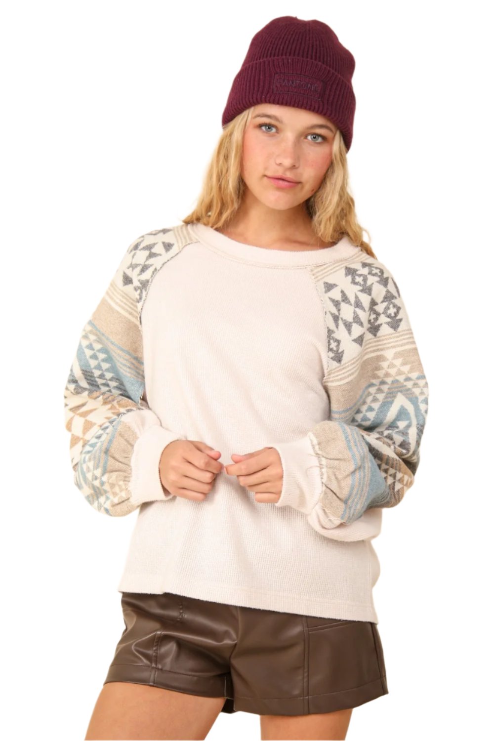 VERY J Printed Long Sleeve Round Neck Knit Top - T - 1 COLOR -