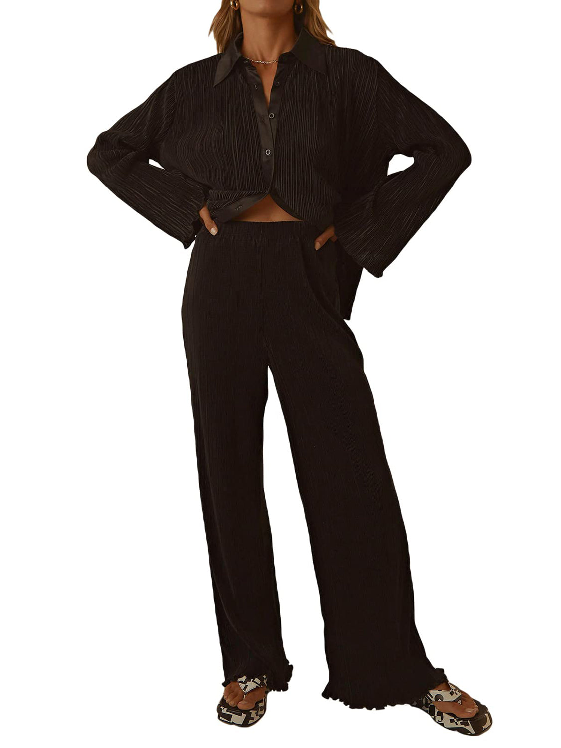 Collared Neck Long Sleeve Top and Pants Lounge Set - T - 5 COLORS -