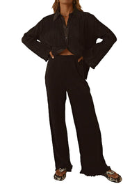 Thumbnail for Collared Neck Long Sleeve Top and Pants Lounge Set - T - 5 COLORS -