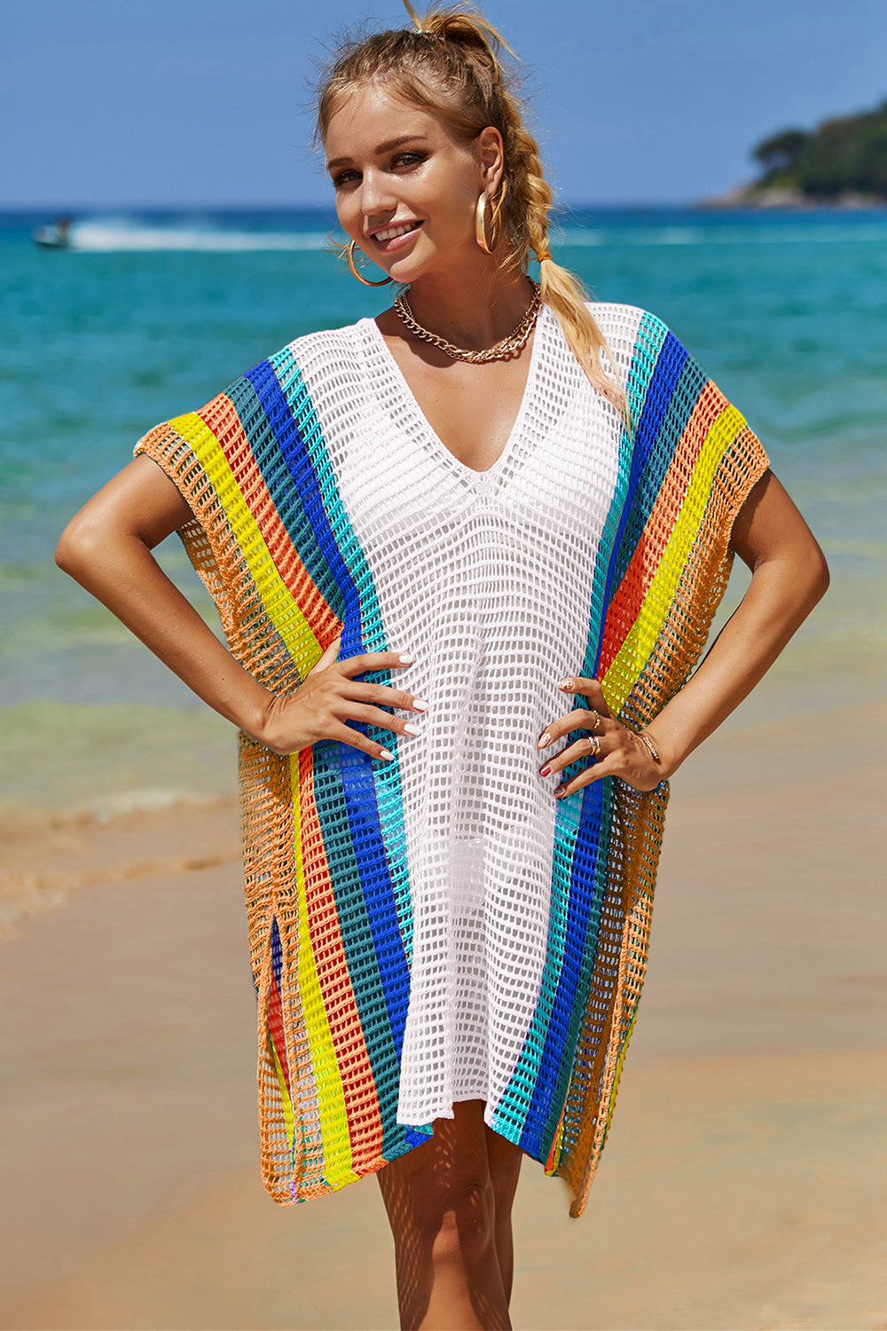 Openwork Striped Slit Knit Cover Up - 1 SIZE FITS ALL - T - 4 COLORS -