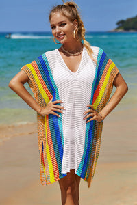 Thumbnail for Openwork Striped Slit Knit Cover Up - 1 SIZE FITS ALL - T - 4 COLORS -