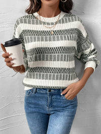 Thumbnail for Perfee Contrast Round Neck Long Sleeve Sweater - T - 1 COLOR -