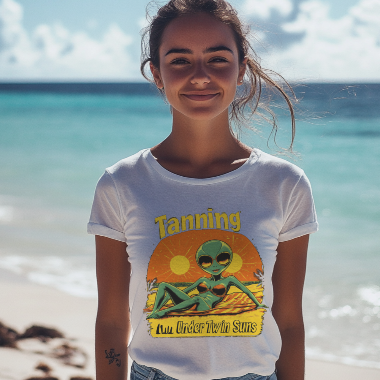 Tanning Under Twin Suns Alien Beach T-Shirt, Alien Tee - 2 COLORS -