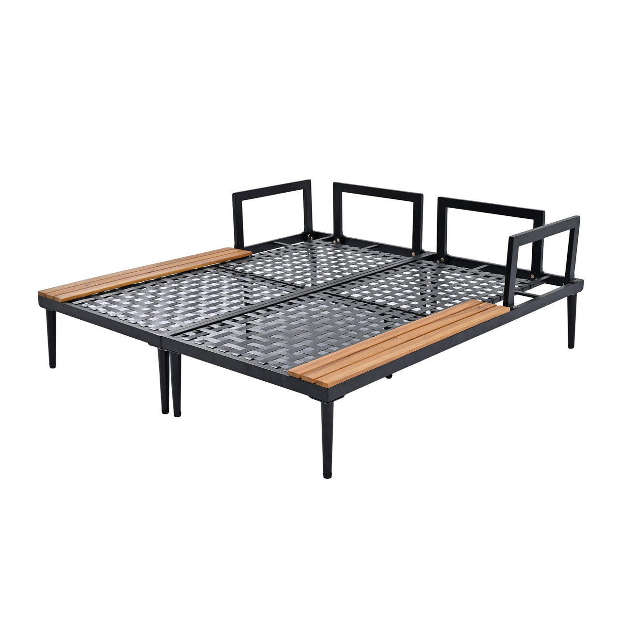 Modern Outdoor Daybed Patio Metal Daybed With Wood Topped Side Spaces for Drinks, 2 in 1 Padded Chaise Lounges for Pools