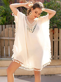 Thumbnail for Tassel Cutout Half Sleeve Cover-Up - T - 3 COLORS -