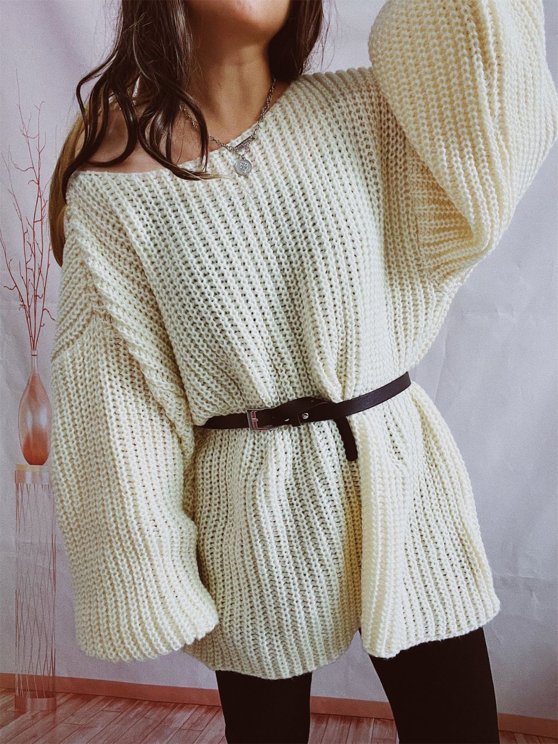 Boat Neck Long Sleeve Sweater with Belt - 2 PCS. - 1 LARGE OVERSIZE - T - 5 COLORS -