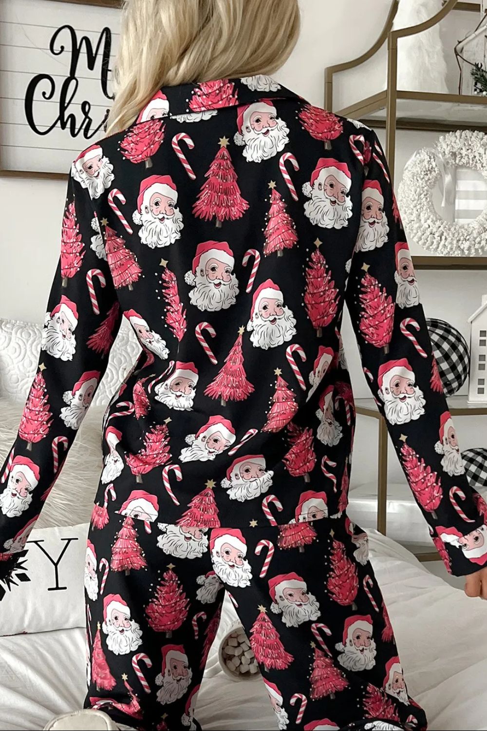 Christmas Printed Collared Neck Top and Pants Lounge Set - 2 PCS. - T - 1 COLOR -