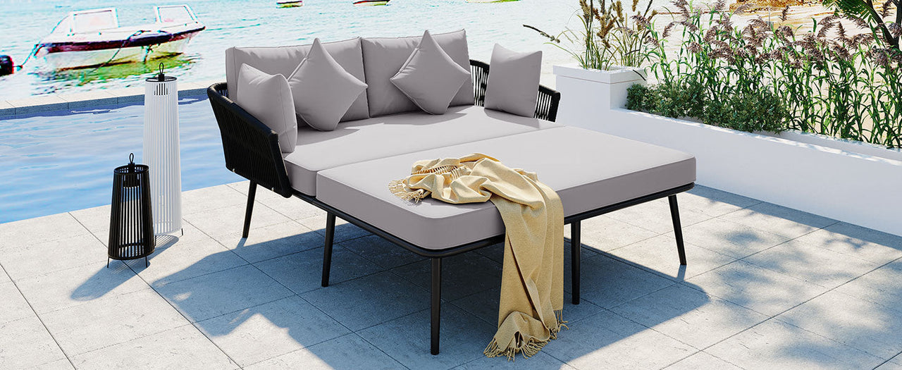 Outdoor Patio Daybed, Woven Nylon Rope Backrest With Washable Cushions for Balcony, Poolside, Set for 2 Person, Gray