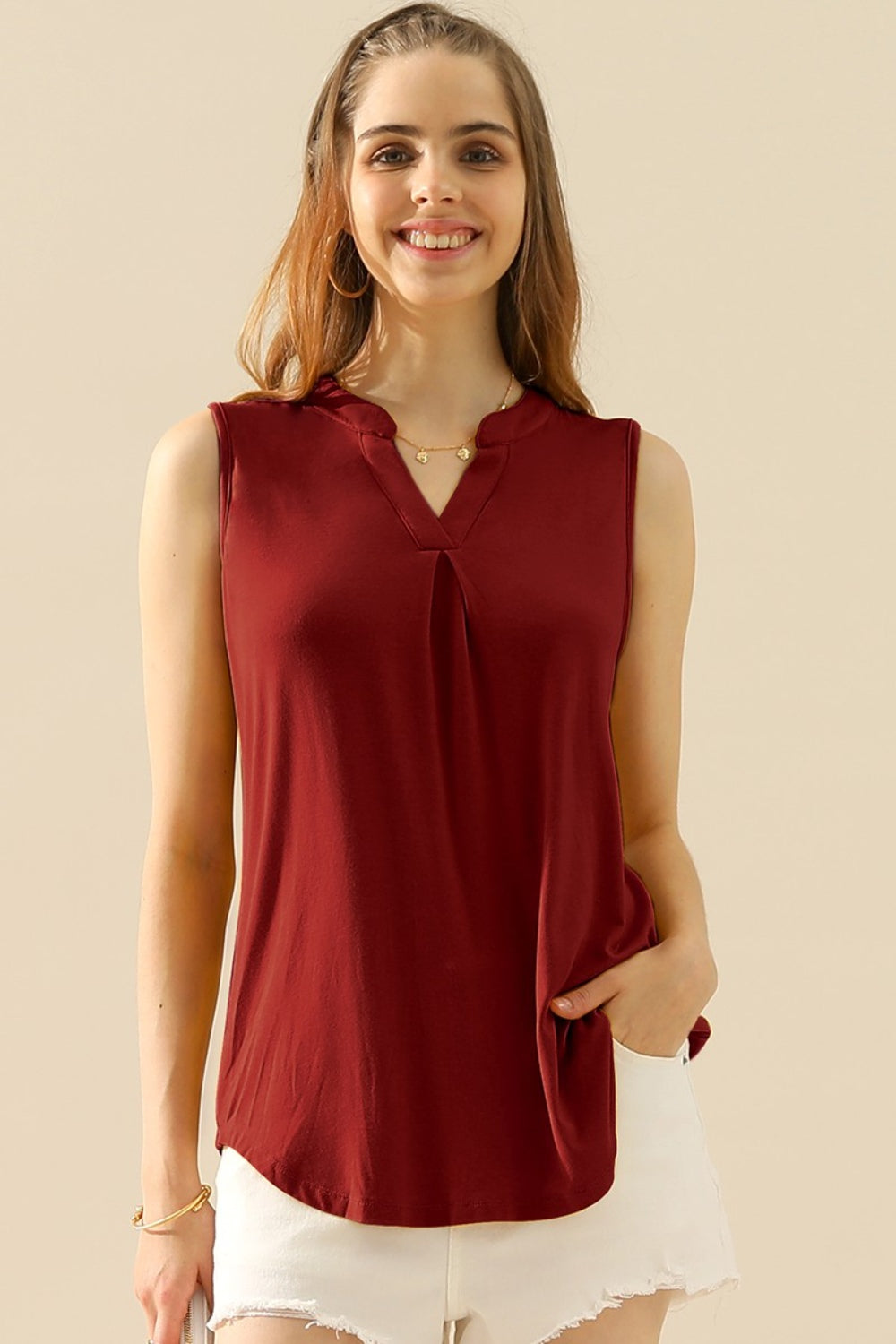 Ninexis Full Size Notched Sleeveless Top - T - 10 COLORS -