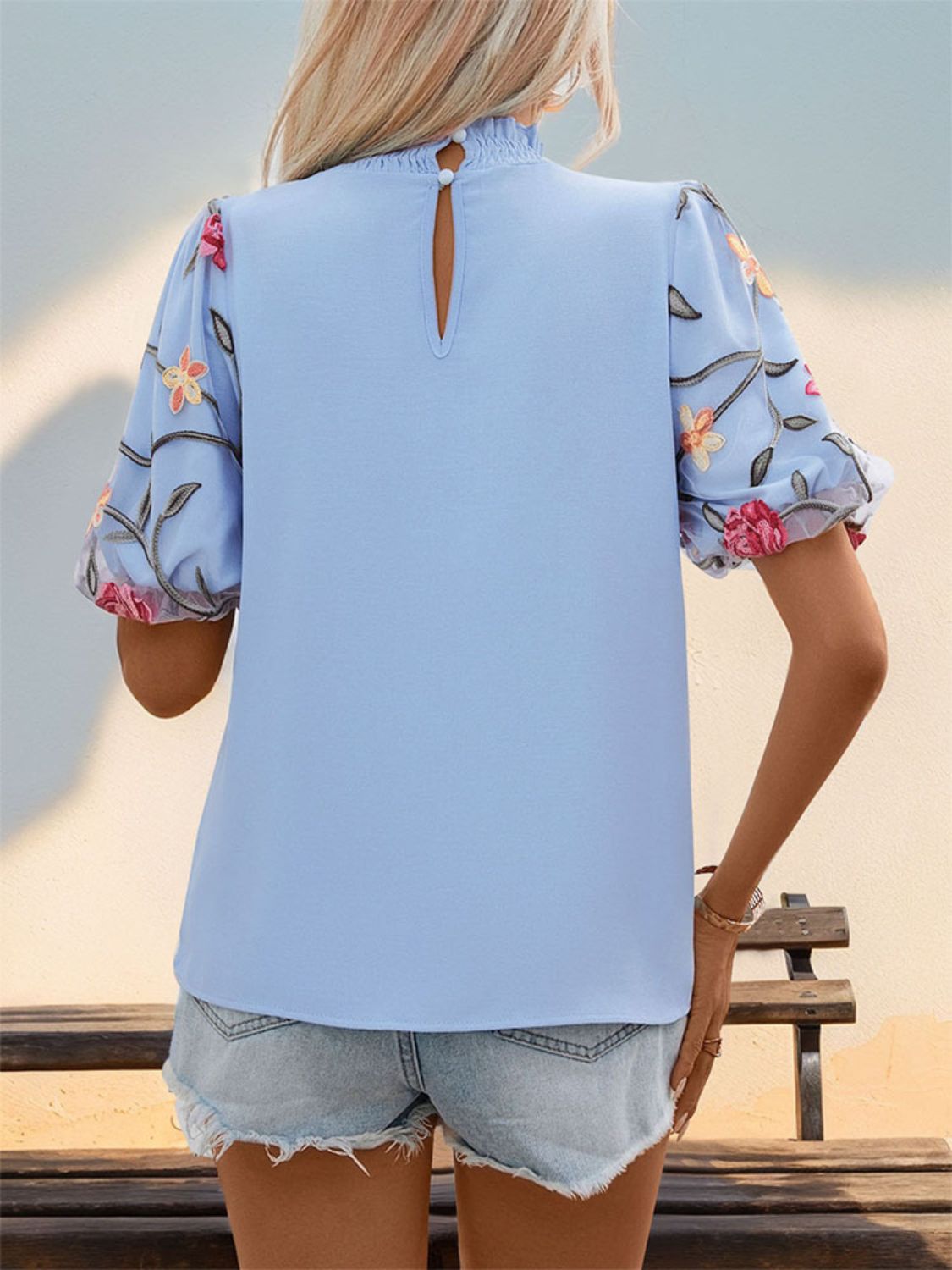 Embroidered Mock Neck Puff Sleeve Blouse - T - 1 COLOR -