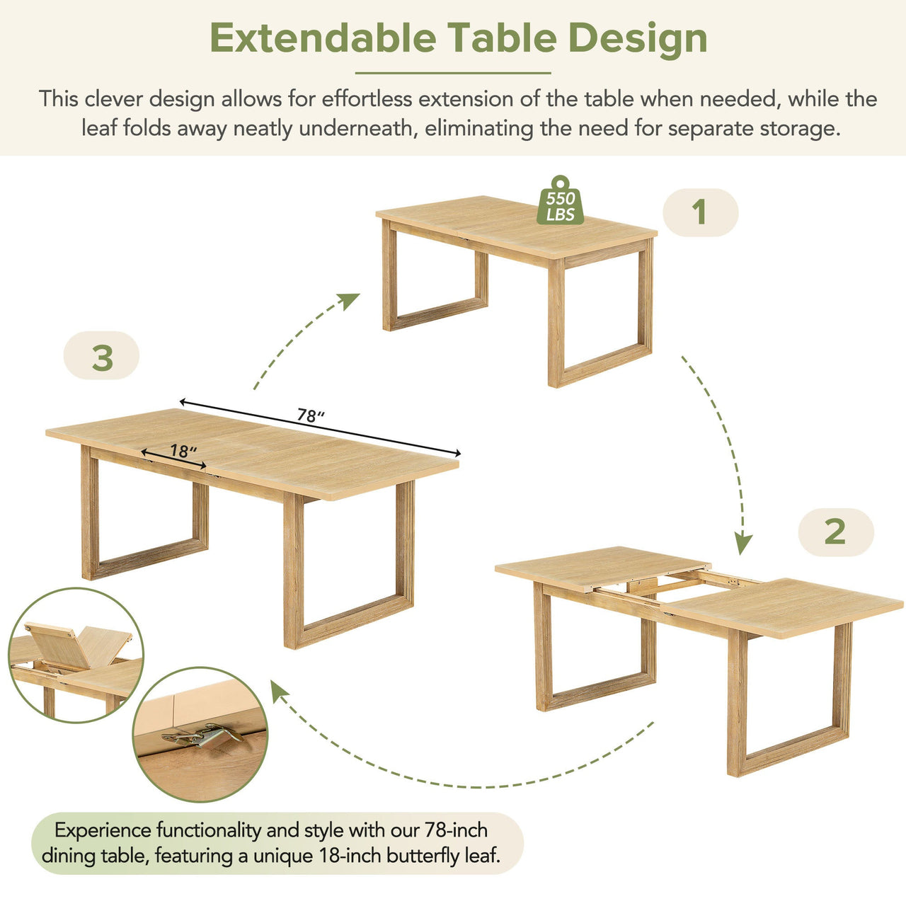 Modern 78inch 6-Piece Extendable Dining Table Set, 4 Upholstered Dining Chairs and Dining Bench, 18" Butterfly Leaf, Nat