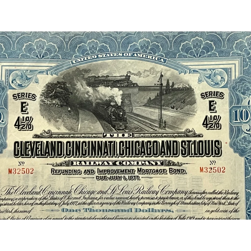 Antique 1927 Cleveland Cincinnati Chicago & St. Louis Railway Co. Bond Certificate