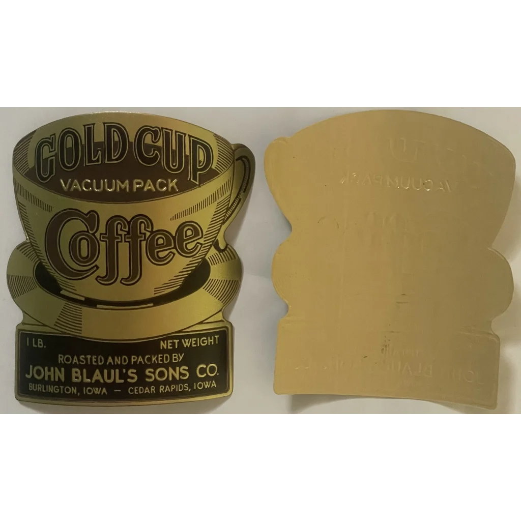 Antique 1910s ☕ Gold Cup Embossed Coffee Label, Burlington, Cedar Rapids, IA 👑