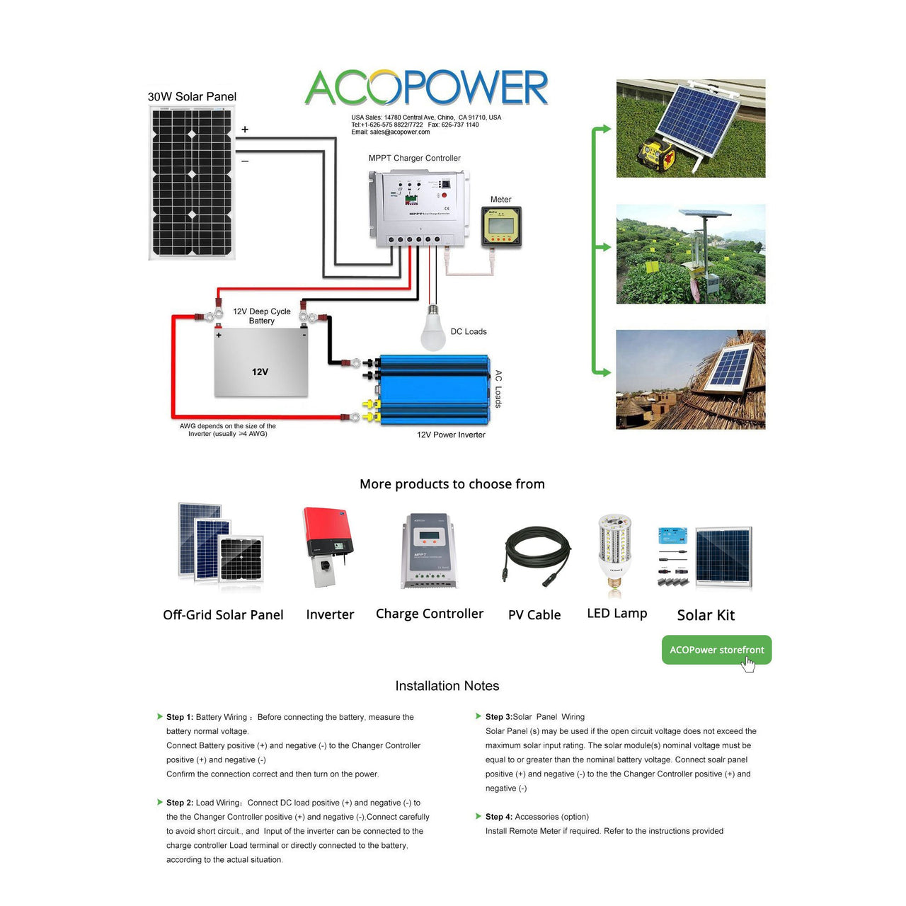 ACOPower 30W Mono Solar Panel for 12 Volt Battery Charging -