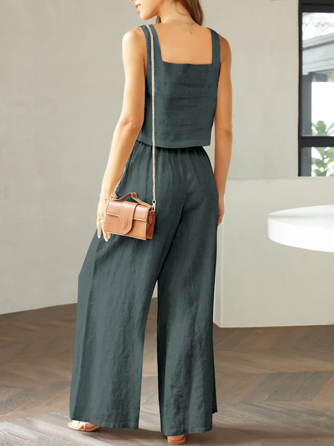 Square Neck Top and Wide Leg Pants set - 2 PCS. - T - 8 COLORS -