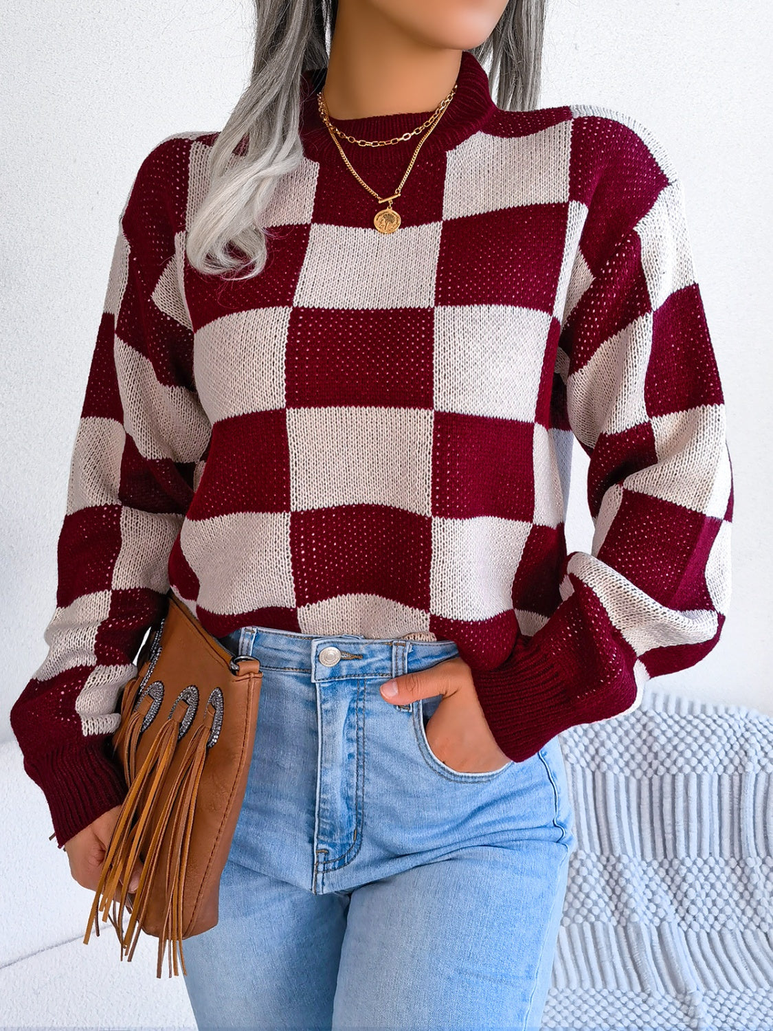 Checkered Mock Neck Long Sleeve Sweater - T - 4 COLORS -