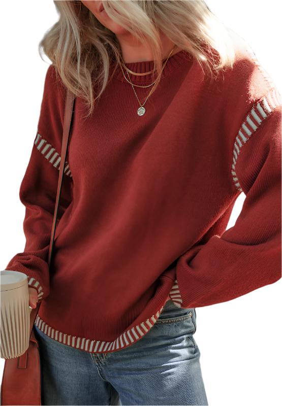 Striped Detail Round Neck Dropped Shoulder Sweater - T - 1 COLOR -