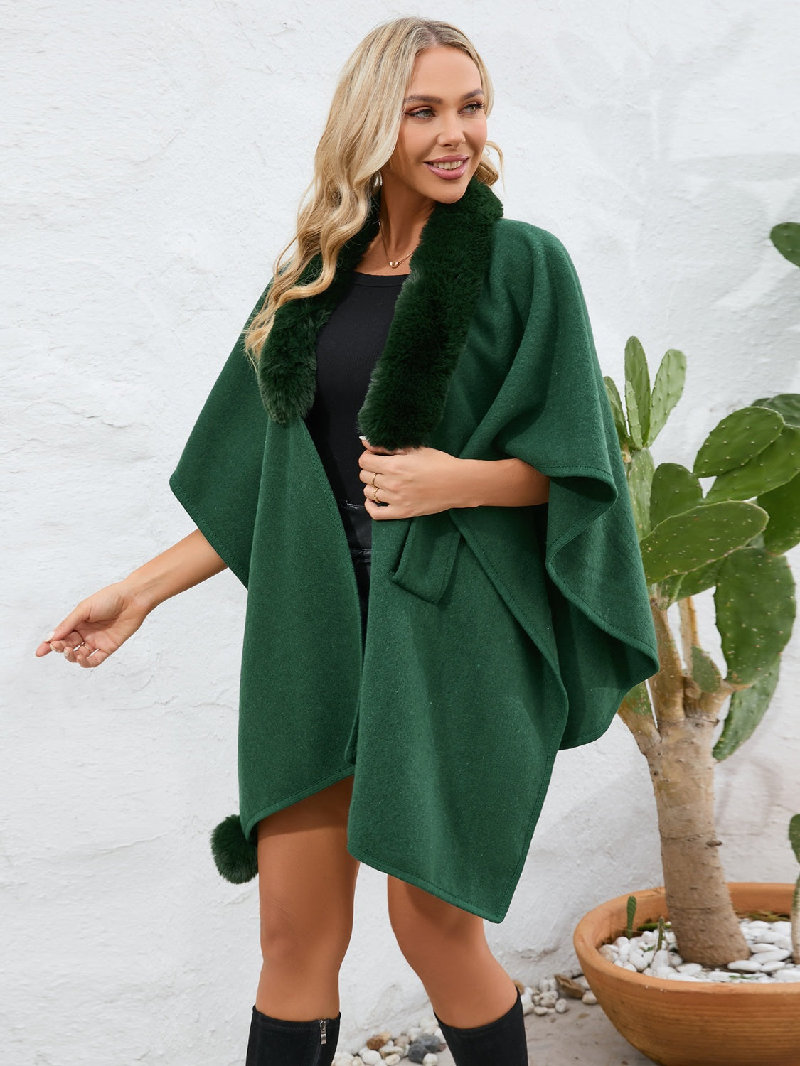 Fuzzy Trim Open Front Poncho - ONE SIZE - T - 6 COLORS -