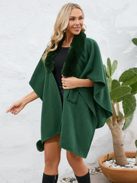 Thumbnail for Fuzzy Trim Open Front Poncho - ONE SIZE - T - 6 COLORS -