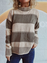 Thumbnail for Contrast Round Neck Long Sleeve Sweater - 1 OVERSIZE - T - 4 COLORS -