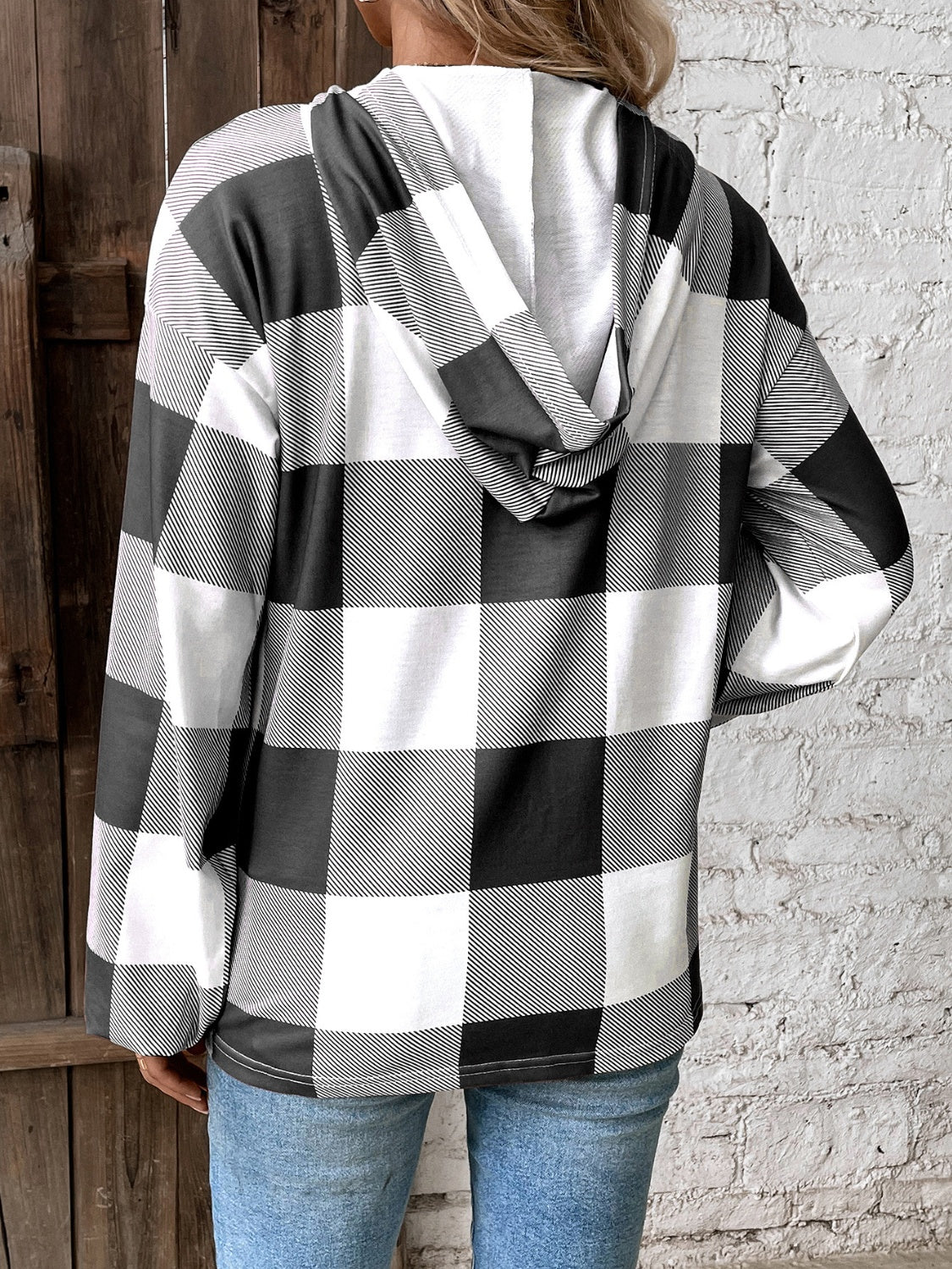 Plaid Dropped Shoulder Long Sleeve Hoodie Top - T - 2 COLORS -