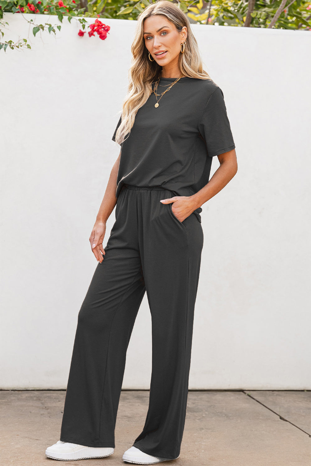 Round Neck Short Sleeve Top and Pants set - 2 PCS. - T - 1 COLOR -