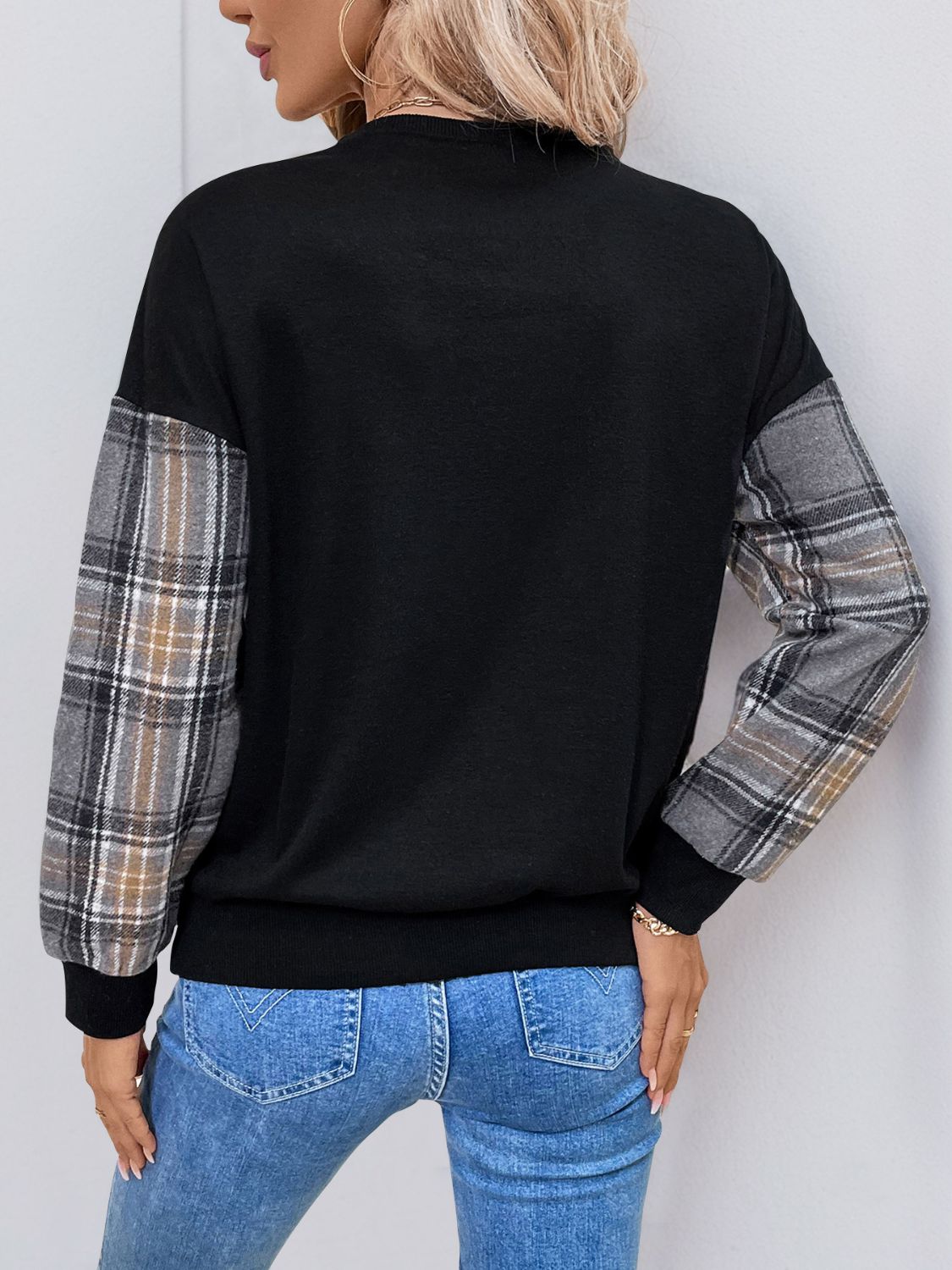 Perfee Plaid Round Neck Long Sleeve Sweatshirt - T - 1 COLOR -