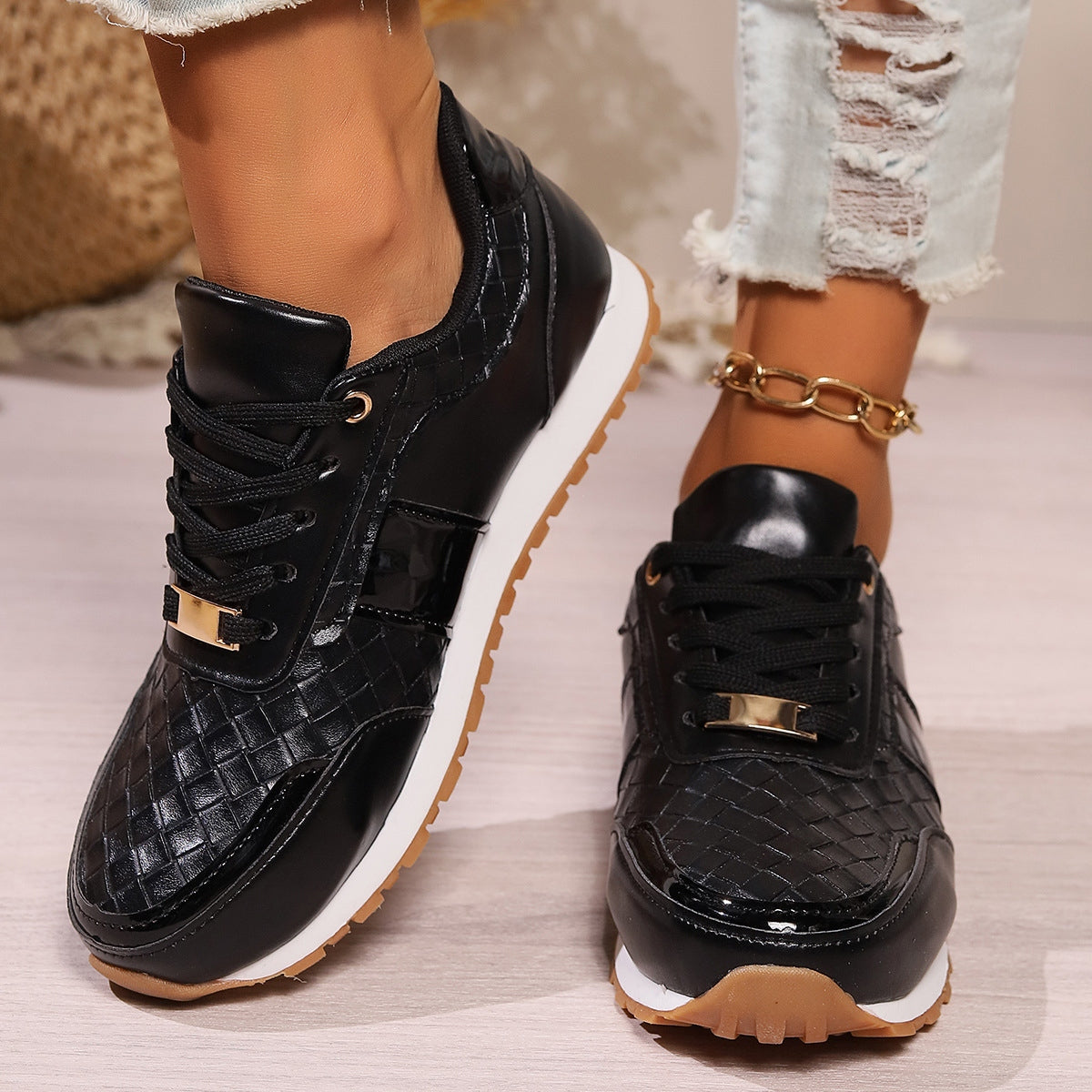 Lace-Up PU Leather Sneakers - T - 3 COLORS -