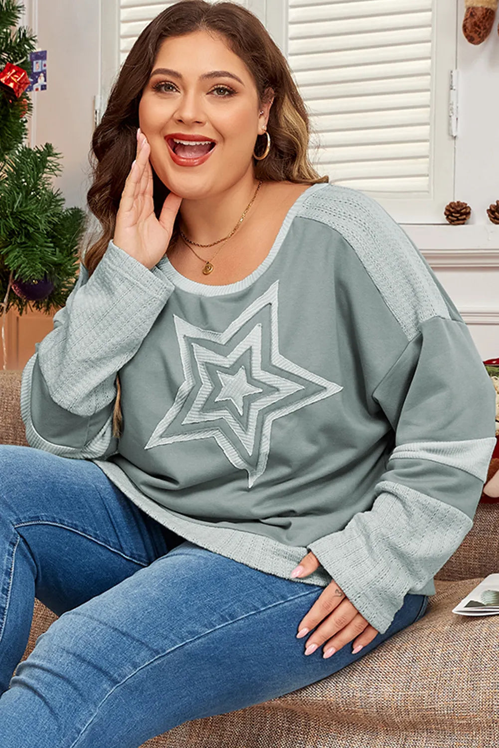 Plus Size Star Round Neck Long Sleeve Top - SIZES 1XL THRU 3XL ONLY - 1 COLOR -